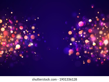 Night Bright Gold Sparkles Light Abstract. Christmas Concept Xmas Greeting Card. Magic Holiday Poster, Banner. Festive Purple And Golden Luminous Background With Golden Colorful Lights Bokeh. 