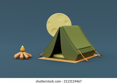 Night Camping Concept With Tent And Burning Bonfire Under The Moon On Camping Site,holiday Vacation.minimal Style.3d Rendering.