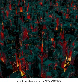 Night City Glow Cartoon / 3D Render Of Night Time City Lit From Streets Below With Cartoon Style Colouring