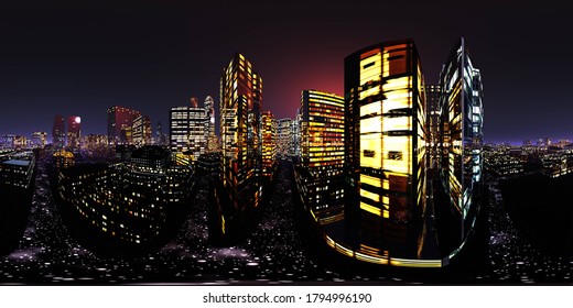 Night City. HDRI . Equidistant Projection. Spherical Panorama. Panorama 360. Environment Map, 3D Rendering