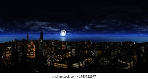 Night City. HDRI . Equidistant Projection. Spherical Panorama. Panorama 360. Environment Map, 3D Rendering