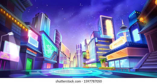 Night City Illustration Without Bus And Street Light. Fantasy Urban Backdrop. Concept Art. Realistic Illustration. Video Game Digital CG Artwork Background. Street Scenery.
