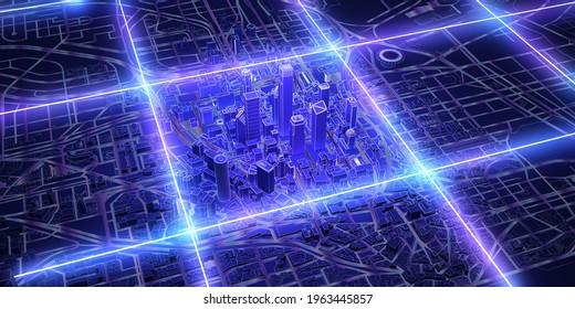 Night City With Neon Grid Above View. 3d Rendering