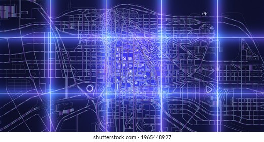 Night City With Neon Grid Top View. 3d Rendering