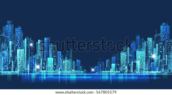 Night City Skyline Panorama Hand Drawn Stock Illustration 567805579 ...