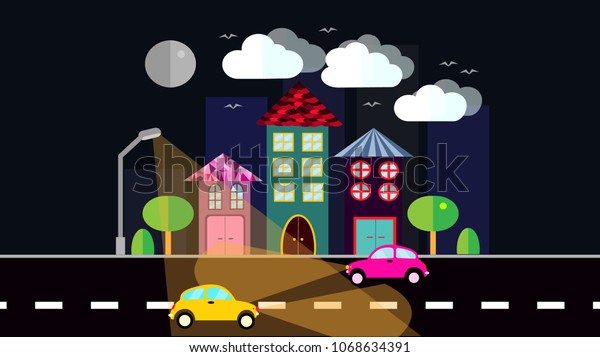 A night city, a small town in flat style\
with houses with a sloping tile roof, cars with lights, trees,\
birds, clouds, moon, road, glowing lantern on a dark blue\
background at night. \
illustration