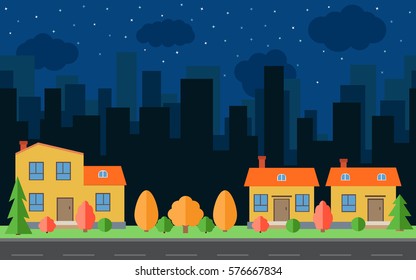 Vector Night City Two Cartoon Houses Stock Vector (Royalty Free) 585386396