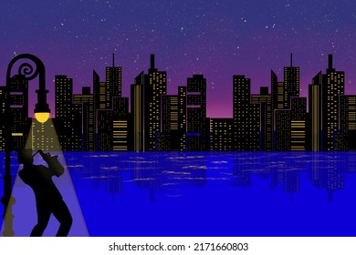 Night Cityscape And Saxaphone Player  Under Street Lamp