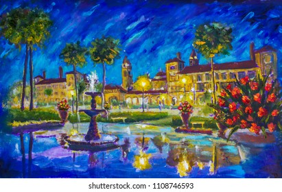 Night Cityscape Urban Oil Painting Flagler College, Ponce De Leon Hotel, St. Augustine, Florida. Fountain, Buildings, Lanterns, Palm Trees, Red Flowers Shine, Blue Sky Is Reflected In Water