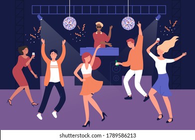 Night club discotheque illustration. Disco party, soiree, dance, light music, entertainment. Male and female cheerful party visitors, smiling DJ and dancing people flat characters - Powered by Shutterstock