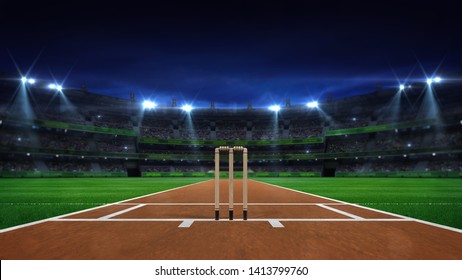 Night cricket field general view and stadium lights on, modern public sport building background 3D render series 