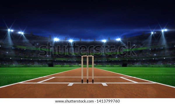 Night cricket\
field general view and stadium lights on, modern public sport\
building background 3D render series\
