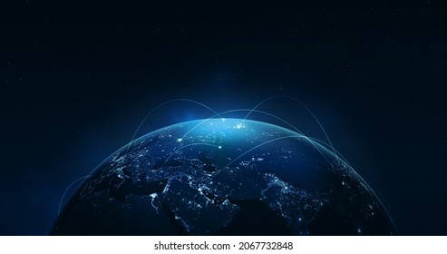 Night earth global virtual internet world connection of metaverse technology network digital communication and worldwide networking on connect 3d background. Elements of this image furnished by NASA.