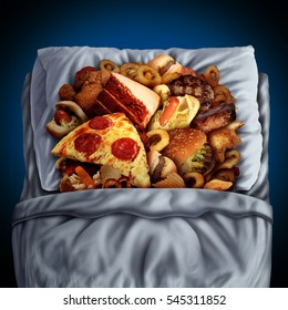 Night eating and late evening snacking concept as a food obsession diet disorder with unhealthy junk food and snacks sleeping in bed as a midnight snack metaphor in a 3D illustration style.