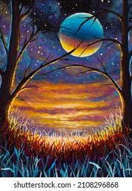 Night Fantasy Art Landscape Big Planet Moon Starry Sky Sunset Painting, Fairy Tale Fabulous Hand Drawn Landscape Tall Grass And Old Trees Modern Artwork 