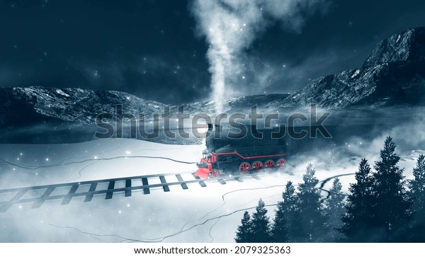 Night fantasy forest landscape with train.\
Night polar express train. Cold night landscape, smoke, smog, fog\
on the railroad. 3D illustration.\
