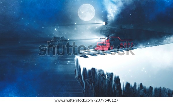 Night fantasy forest landscape with train.
Night polar express train. Cold night landscape, smoke, smog, fog
on the railroad. 3D illustration.
