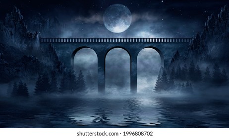 Night Fantasy Futuristic Landscape With Abstract Mountains And Island On The Water, Old Concrete Bridge, Moonlight. Dark Natural Scene With Reflection Of Light In The Water. Dark, Dramatic Forest. 3D 