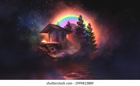 Night Fantasy Landscape With Abstract Island, Rainbow On The Water, Wooden House, Flashlight, Gravity. Multi-colored Smoke, Smog. Reflection Of Neon Light. Night View Of The Seascape. 3D 