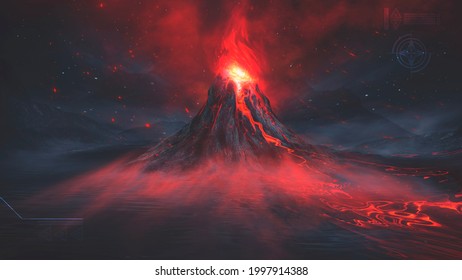 Night fantasy landscape with abstract mountains and island on the water, explosive volcano with burning lava, neon light. Dark Futuristic natural scene with reflection of light in the water. 3D 
