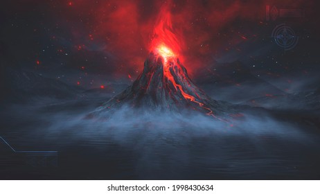 Night fantasy landscape with abstract mountains and island on the water, explosive volcano with burning lava, neon light. Dark Futuristic natural scene with reflection of light in the water. 3D 
