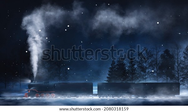 Night fantasy landscape with a\
train in a dark forest. A vintage train rides a railroad through\
the forest at night. Smoke, smog, fog, snow. 3D\
illustration.\
