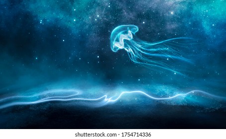 Night fantasy natural landscape with mountains and ocean. Night sky, stars and silhouettes of neon jellyfish. Dark futuristic landscape in blue neon light.