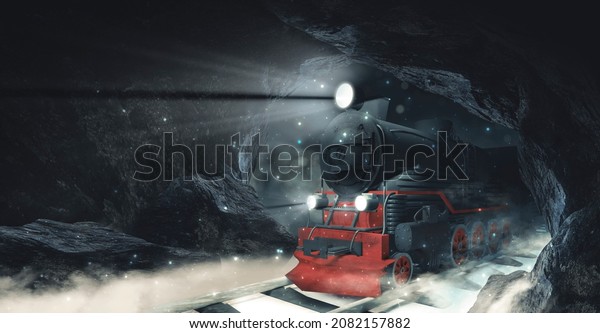 Night
fantasy snowy mountain landscape with train. Mountain tunnel,
rocks. Night polar express train. Cold night landscape, smoke,
smog, fog on the railroad. 3D illustration.

