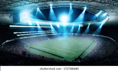 Night football arena in lights close up. soccer stadium. 3d render - Powered by Shutterstock