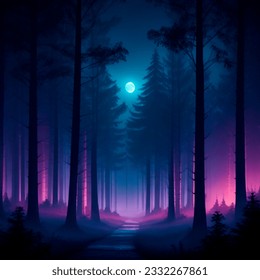 Night forest landscape with trees and roads, fireflies and mushrooms glowing in the dark. Wild wood fantasy background, dark mysterious place with plants under moonlight, cartoon vector illustration