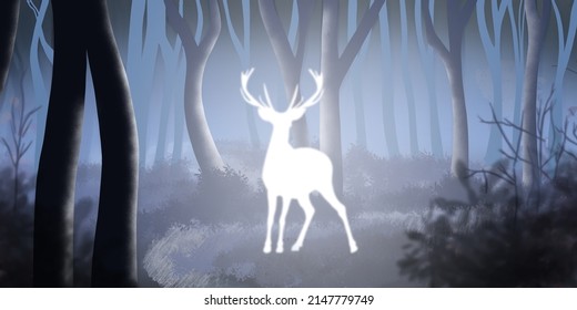 Night Forest. Magic Deer In The Forest.