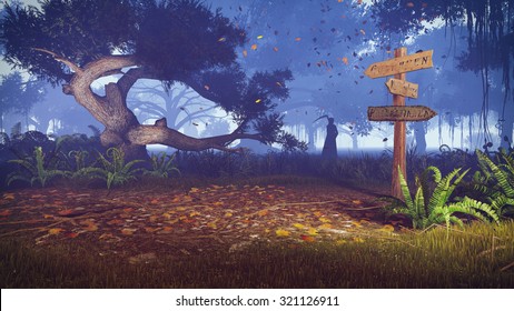 Night Forest With Old Wooden Signpost On Foreground And With Silhouette Of A Grim Reaper In The Distance. Realistic 3D Illustration Was Done From My Own 3D Rendering File.
