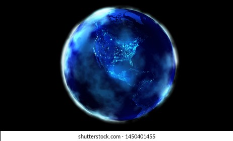 The Night Half Of The Earth From Space Showing North And South America. 3D Illustration