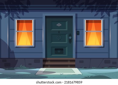 Night House Front. Cartoon Country House Exterior With Door Porch Windows And Night Lights.  Town Building Entrance Scene. Outdoor Family House Facade With Lawn, Suburban Cottage