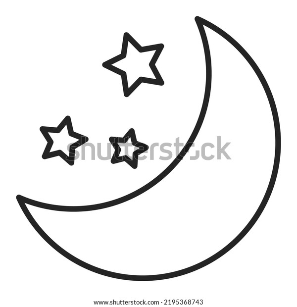 Night icon.\
Symbol of moon or crescent and stars, bedtime. Line pictogram for\
nighttime. Abstract lunar\
silhouette.