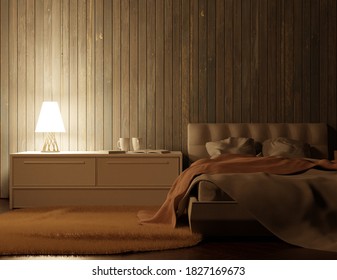 Night Interior Of The Bedroom. Large Double Bed. Wooden Wall And Backlighting. 3D Rendering.