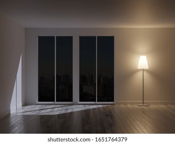 Night interior of an empty room with a floor lamp. 3D rendering.