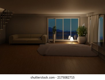 Night Interior Scene With Panoramic Window And Lamp On The Floor. Big Fluffy Carpet And Couch. Cozy Interior. 3D Rendering.