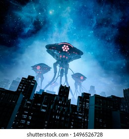 Night Of The Invasion / 3D Illustration Of Retro Science Fiction Scene With Giant Alien Machines Attacking City