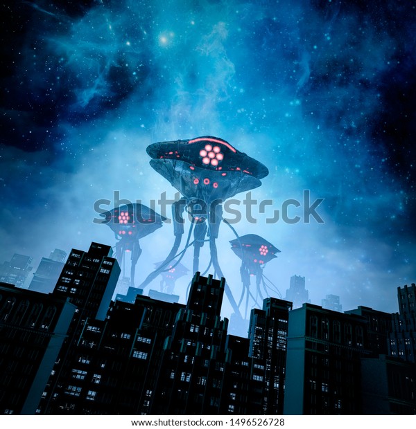 侵攻の夜 都市を襲う巨大宇宙人機械を持つレトロなsfシーンの3dイラスト のイラスト素材