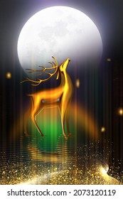 Night Landscape With Dark Colorful Background Moon, Golden Deer And Gold Waves .for Use As A Frame On Walls . 3d Modern Art Mural Wallpaper	
