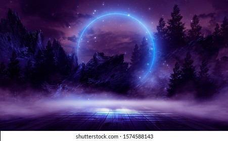 Night Landscape, Dark Forest, River. Night Sky, Mountains. Reflection In The Water Of Moonlight. Dark Natural Background. 3D Illustration