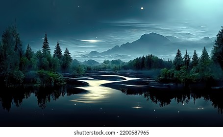 Night Landscape Dark Forest River

