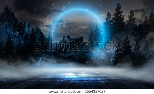 夜景 暗い森 川 夜空 山 月光の水に映る 暗い自然の背景 3dイラスト のイラスト素材