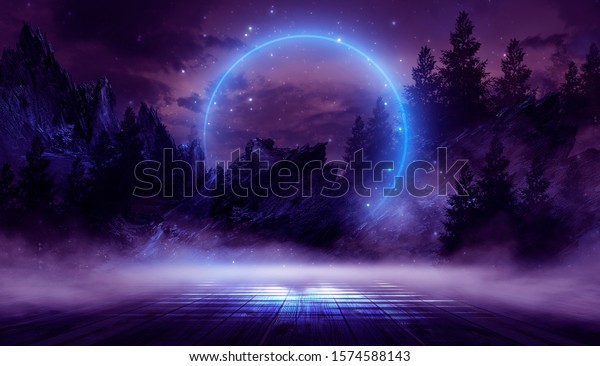Night landscape, dark forest, river. Night sky, mountains. Reflection in the water of moonlight. Dark natural background. 3d wallpaper for home illustration. 