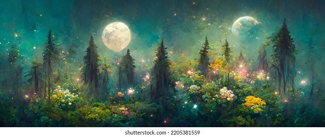 night landscape environment harvest moon over glittering lake lush vegetation birchwood trees  flowers  magical galaxy  3d drawing digital art