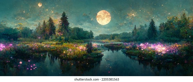 night landscape environment harvest moon over a glittering lake lush vegetation birchwood trees, flowers, magical galaxy. 3d drawing digital art
