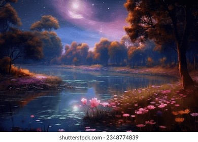 night landscape environment harvest moon over glittering lake lush vegetation birchwood trees  flowers  magical galaxy  3d drawing digital art