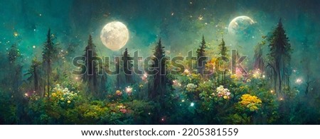 night landscape environment harvest moon over a glittering lake lush vegetation birchwood trees, flowers, magical galaxy. 3d drawing digital art