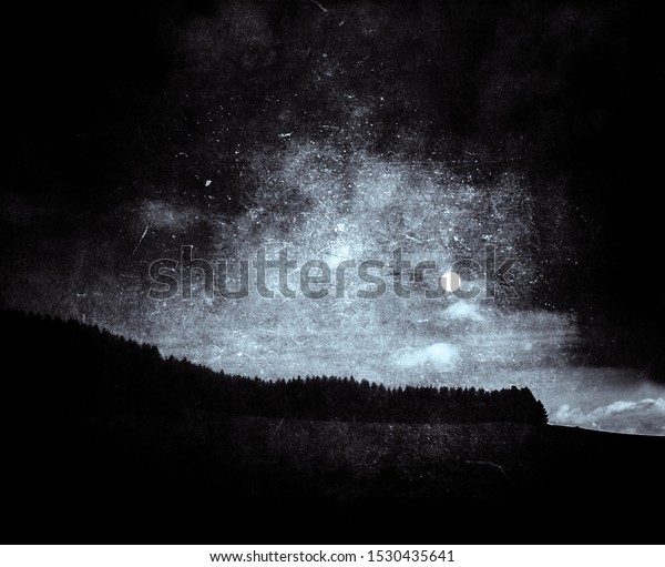 Night landscape, grunge forest\
wallpaper with full moon and dramatic sky, nature\
background